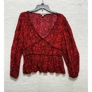 Knox Rose Womens‎ XXL Red Floral Print Long Sleeve Peplum Blouse Top